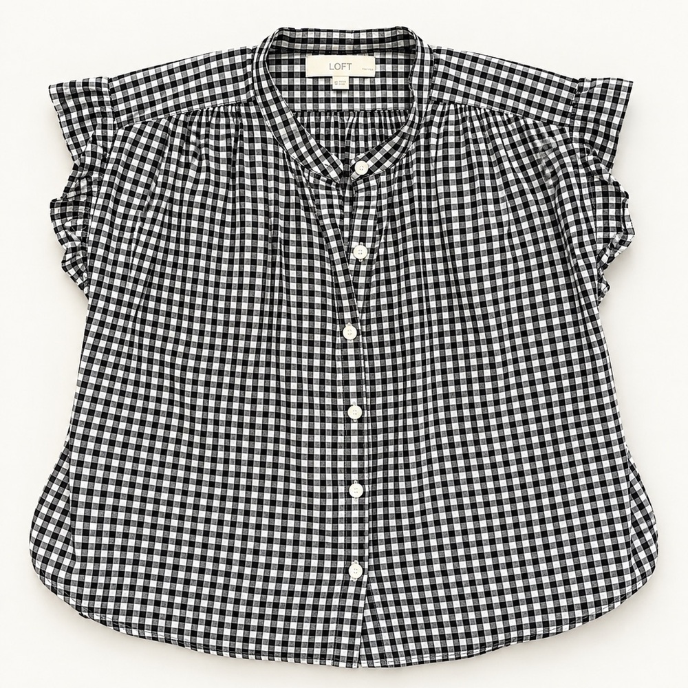 LOFT Black White Gingham Blouse Ruffle Sleeve Button Front Plaid Top Petite